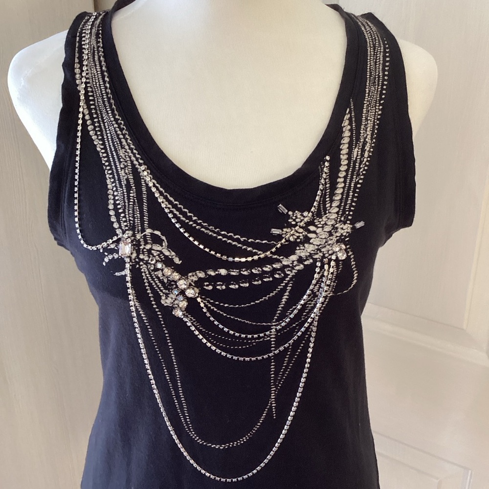 BCBGMaxAzria Black Tank Top with Silver Chain Embellishments Sz S - Picture 4 of 12